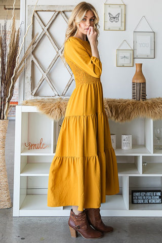 Taylor Round Neck Smock Dress - Mustard