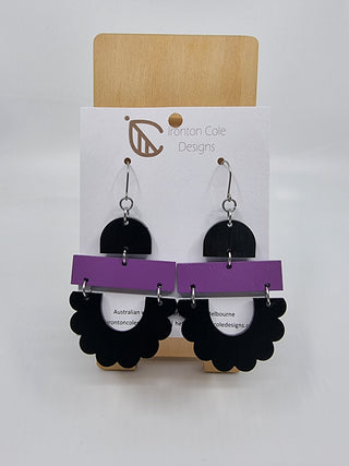 Trio of Shapes Wood Earrings – Black & Purple