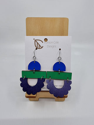 Trio of Shapes Wood Earrings – Blue, Green, Purple