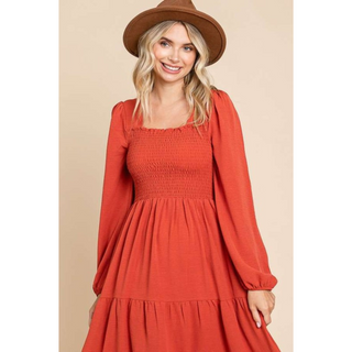 Luca Square Neck Smock Dress - Cinnamon