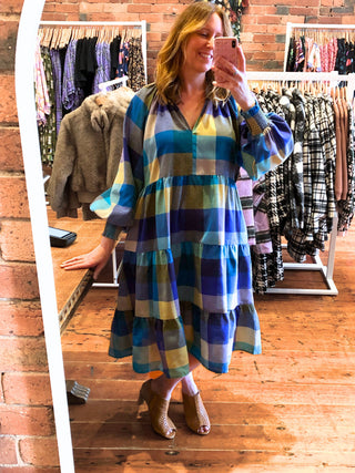 Mandarin Blues Gingham Dress