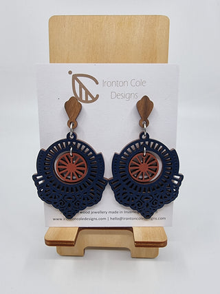 Double Circle Wooden Earrings – Navy & Brown