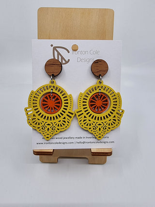 Double Circle Wooden Earrings – Yellow & Orange