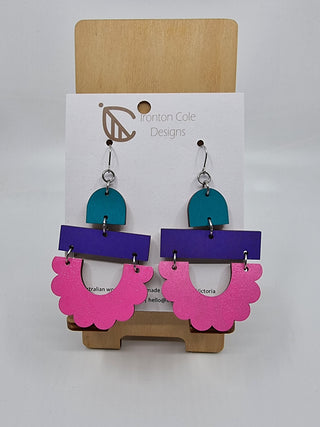 Trio of Shapes Wood Earrings – Pink, Purple, Aqua