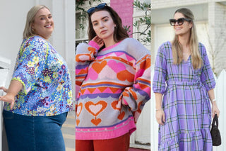 Three photos of models dressed in colourful, Easter-appropriate clothing for different weather conditions.