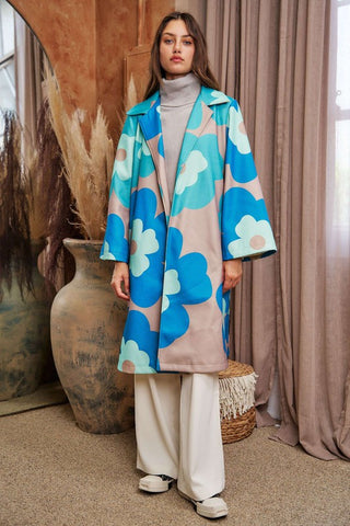 Bold Retro Floral Overcoat - Teal Green