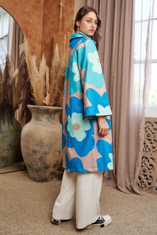 Bold Retro Floral Overcoat - Teal Green