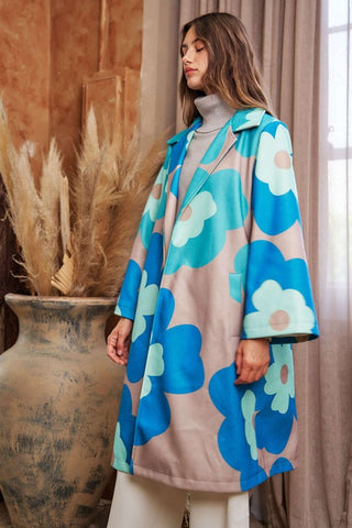 Bold Retro Floral Overcoat - Teal Green