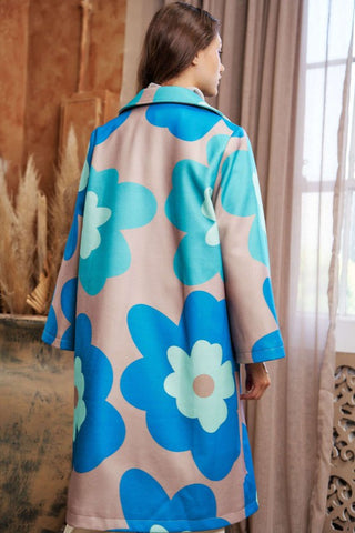 Bold Retro Floral Overcoat - Teal Green