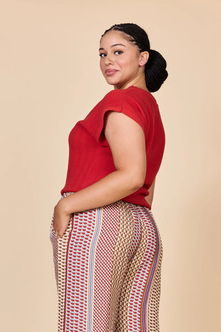 Brick Red Capped Sleeve Zig Zag Knit