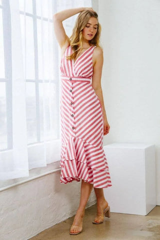 Candy Striped Ruffle Hem Midi Dress