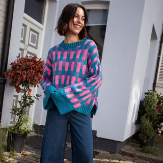 Charlotte Geometric Pattern Wide Sleeve Knit Jumper - Teal