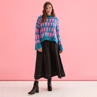 Charlotte Geometric Pattern Wide Sleeve Knit Jumper - Teal