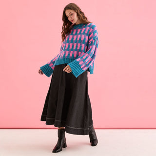 Charlotte Geometric Pattern Wide Sleeve Knit Jumper - Teal