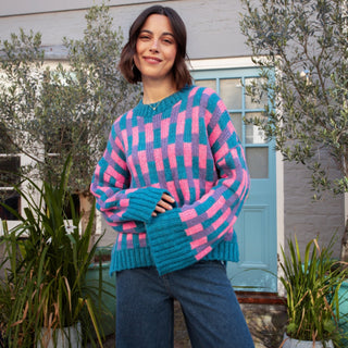 Charlotte Geometric Pattern Wide Sleeve Knit Jumper - Teal