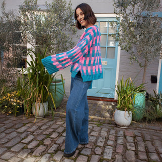 Charlotte Geometric Pattern Wide Sleeve Knit Jumper - Teal