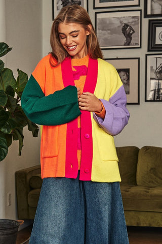 Colour Block Button Front Cardigan