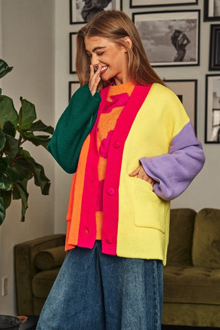 Colour Block Button Front Cardigan