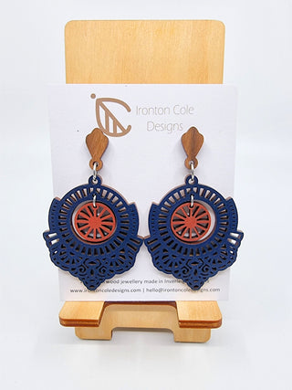 Double Circle Wooden Earrings – Navy & Brown