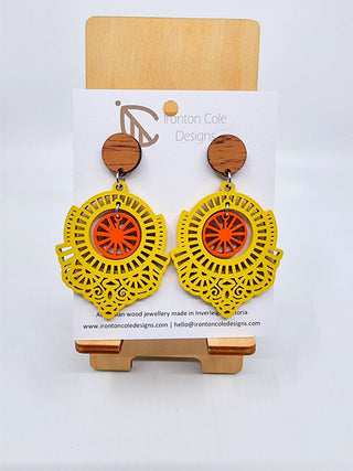 Double Circle Wooden Earrings – Yellow & Orange