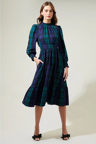 Hudson Plaid Smock Sleeve Midi Dress