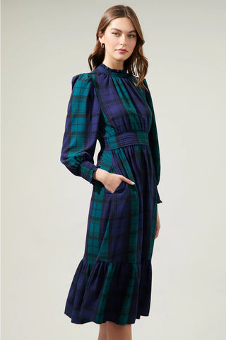 Hudson Plaid Smock Sleeve Midi Dress