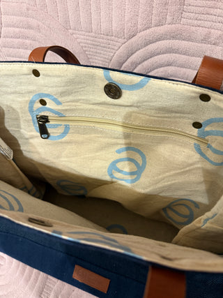 Navy & Leather Tote Bag