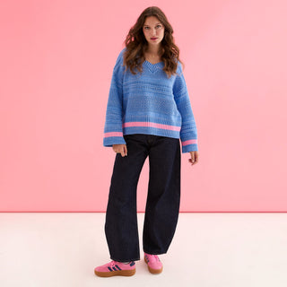 Judith Pointelle Stitch V Neck Jumper - Blue