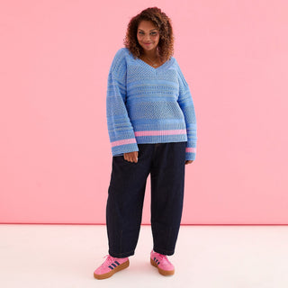 Judith Pointelle Stitch V Neck Jumper - Blue