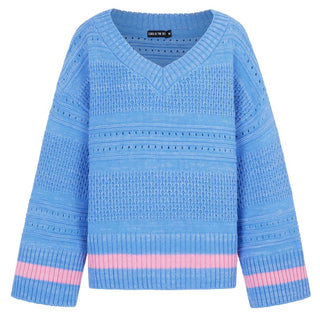 Judith Pointelle Stitch V Neck Jumper - Blue