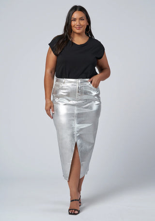 Peaches Silver Denim Midi Skirt