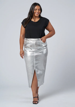 Peaches Silver Denim Midi Skirt