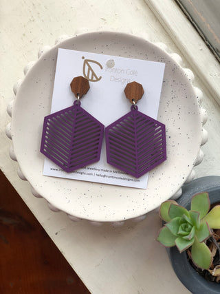 Purple Wooden Hexagon Earrings