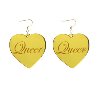 'Queer' Cursive Mirror Heart Earrings