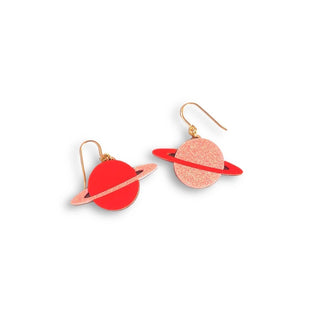 Saturn Dangle Earrings: Red & Pink Glitter