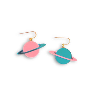 Saturn Dangle Earrings: Pink & Blue Mirror