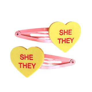 She / They Pronoun 'Gentle Reminder' Candy Heart Hair Clips