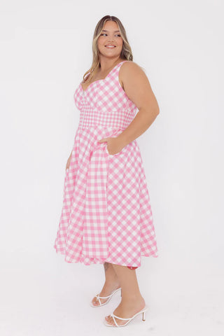 Taylor Pink Gingham Cotton Midi Dress