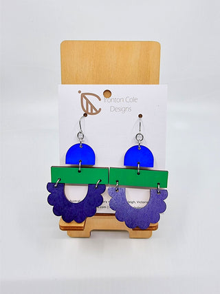 Trio of Shapes Wood Earrings – Blue, Green, Purple