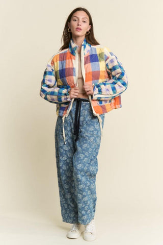 Warm Blues Plaid Puffer Jacket