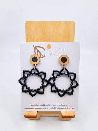Wooden Circle of Hearts Earrings - Black