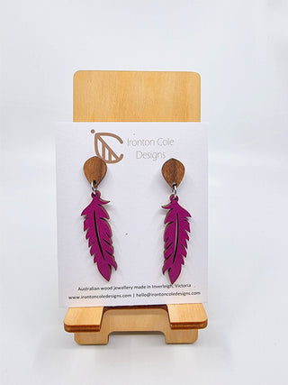 Wooden Feather Earrings - Raspberry