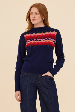 Zig Zag Cotton Cashmere Pointelle Knit Jumper - Navy