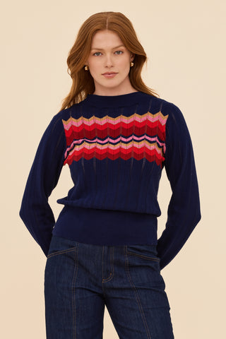 Zig Zag Cotton Cashmere Pointelle Knit Jumper - Navy