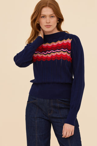 Zig Zag Cotton Cashmere Pointelle Knit Jumper - Navy