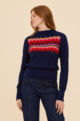 Zig Zag Cotton Cashmere Pointelle Knit Jumper - Navy