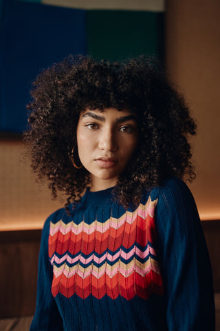 Zig Zag Cotton Cashmere Pointelle Knit Jumper - Navy