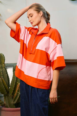 Colour Block Half-Zip Short Sleeve Top