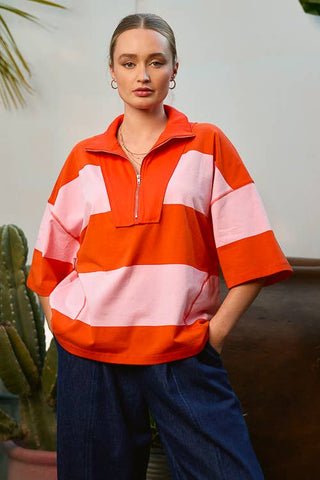 Colour Block Half-Zip Short Sleeve Top