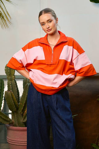 Colour Block Half-Zip Short Sleeve Top